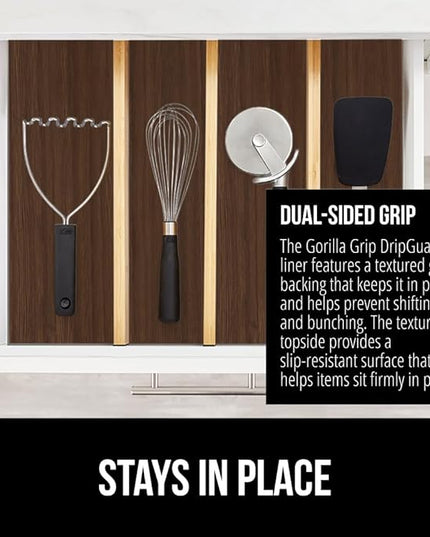 GORILLA GRIP DripGuard Shelf Liner, Non Adhesive Drawer and Kitchen Cabinet Protector, Slip Resistant BPA Free Smooth Surface Plastic Liners for Cabinets, Bathrooms, Closets, 12x120 Inch, Wood
