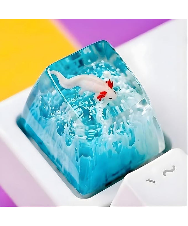 Cute Pink Axolotl Light Blue Coral Custom Animal Artisan Keycap R1 SA Profile Axolotl 1U ESC Handmade Resin Keycap for Cherry MX Mechanical Keyboard for Axolotl Lover