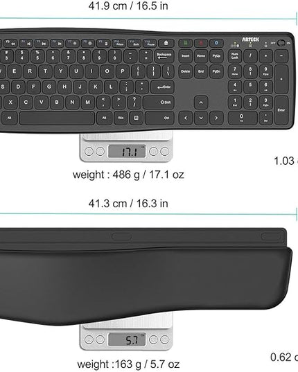 Arteck Multi-Device Comfortable Wireless Bluetooth Keyboard with Nano USB-A, USB-C Type C Receiver Palm Wrist Rest Full Size Keyboard for Windows iPad OS Android, Computer Desktop Laptop PC Tablet
