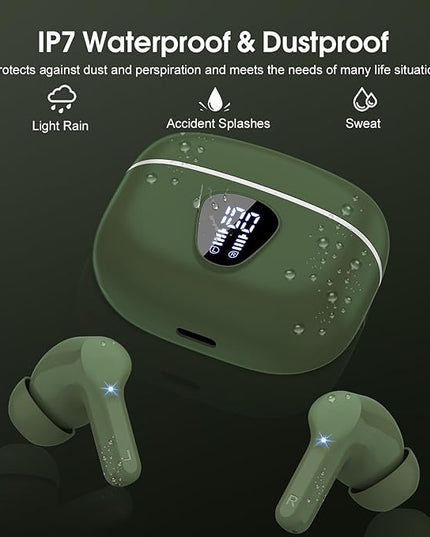 Wireless Earbuds, Bluetooth 5.4 Headphones HiFi Stereo, Bluetooth Earbuds with ENC Noise Cancelling Mic, IP7 Waterproof in Ear Earphones, 48H, LED Display Ear buds for Pad Phones Workout Sports, Green