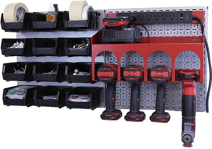 OmniWall PowerStation- 32"x16" Metal Pegboard Wall Storage With Bin Storage For Cordless Drills Silver/Red