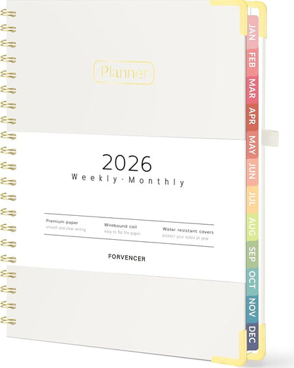 Forvencer 2026 Planner, Hardcover Calendar Planner Weekly and Monthly, Jan 2026 - Dec 2026, 8.5" x 11", Spiral Agenda Book with Tabs, Exquisite Daily Journal Organizer for Home School, Beige