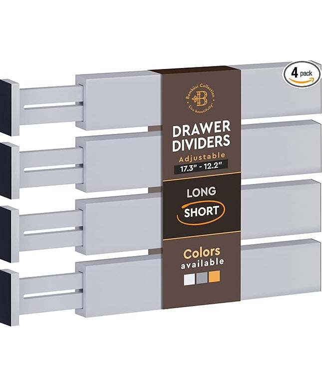 4 Pack Drawer Divider - Bamboo 2.6" High, 12.5-17" Adjustable Drawer Organizers for Clothes, Expandable Dresser Separators in Bedroom/Bathroom/Kitchen/Office Organization and Storage (Grey)