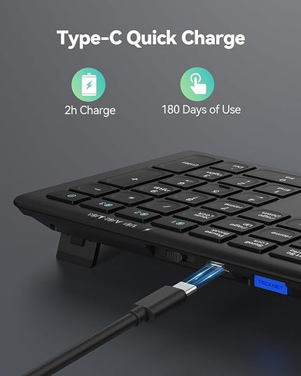 TECKNET Bluetooth Keyboard Rechargeable, 4-Device (2.4G+BT) Wireless Keyboard, Full Size Computer Keyboard with Stand, Ultra-Slim Quiet Typing, for PC/Laptop/Smart TV/Phone/Tablet, 12 Hotkeys