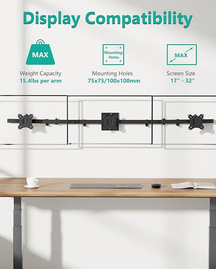 WALI Triple Monitor Wall Mount for 17 to 32 Inch, Computer Monitor Arm for 3 Screens, Swivel Tilt Wall Mount with Mounting Holes 75x75/100x100mm, Per Arm Holds Up to 15.4lbs (013ARM), Black