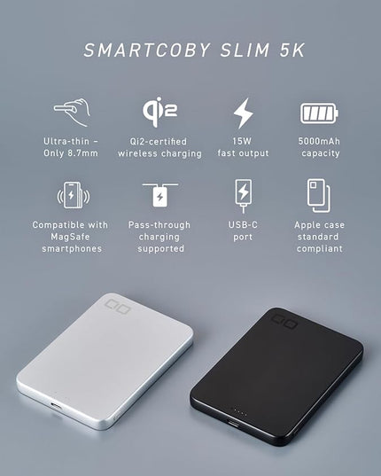 CIO Qi2 Magsafe Charger, 5000mAh Ultra-Slim Magnetic Wireless Charger iPhone, Magsafe Battery Pack, 15W Wireless + 20W USB-C PD iPhone Magnetic Fast SMARTCOBY Slim 5K (Black, Safety Model)