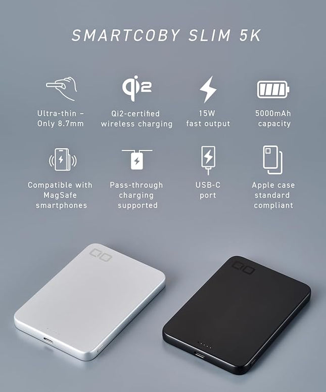 CIO Qi2 Magsafe Charger, 5000mAh Ultra-Slim Magnetic Wireless Charger iPhone, Magsafe Battery Pack, 15W Wireless + 20W USB-C PD iPhone Magnetic Fast SMARTCOBY Slim 5K (Black, Safety Model)