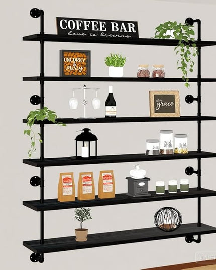 48 Inch Pipe Shelf Floating Shelves for Wall Shelves Bookshelf Industrial Pipe Shelving Real Wood Planks Rustic Hanging Shelves Farmhouse Kitchen Bar Shelving Black