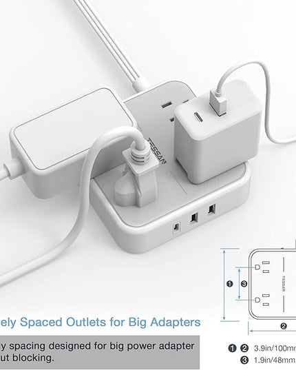Flat Extension Cord 10 ft, TESSAN Ultra Thin Power Strip Under Carpet with 3 USB Wall Charger(1 USB C Port), 4 Outlets Slim Desk Charging Station Compact for Cruise Ship, Dorm Room Essentials Gray