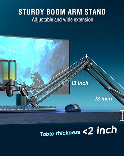 FIFINE USB Gaming Streaming Recording PC Microphone Kit, RGB Condenser Computer Mic Bundle for Podcasts, Audio, Vocal, Video on Mac/Desktop/Laptop, with Boom Arm Stand-A6T Blue