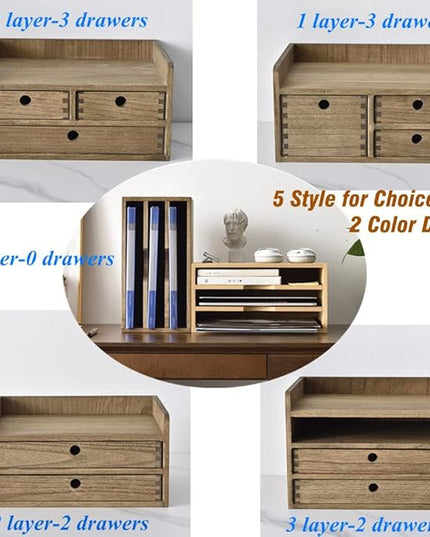 KIRIGEN Desk Organizer with 3 Drawers - Wood Drawer Storage Box with Trays for Tabletop - Workspace Office Toiletries Supplies Tool Caddy - Wooden Storage Cabinet1 Layer Dark Brown（DT1D3C-DBR）