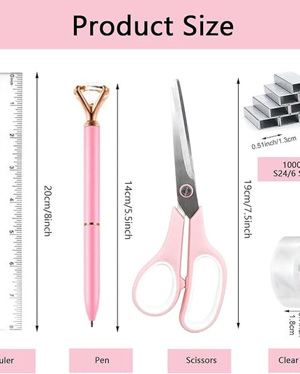 suniya Office Supplies,Desk Accessories,Tape Holder,Stapler,Scissor,Staple Remover,Box of Binder Clips,Staples,Ballpoint Pen,Sticky Notes,Clear Tape,Ruler,Office Supplies Set Pink