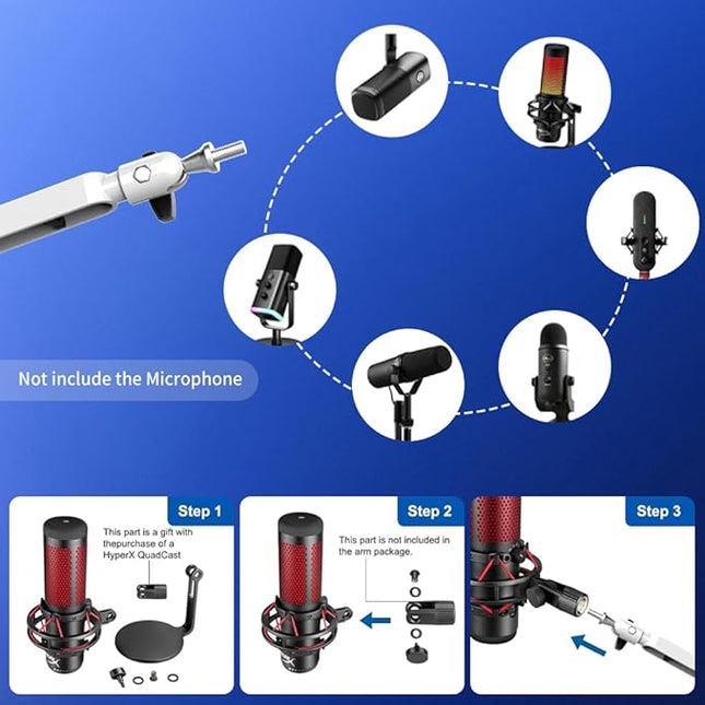 Low Profile Mic Arm Microphone Boom Arm Professional Adjustable with 15cm Riser Solid Desk Mount Clamp Cable Management Microphone Holder Stand for Podcast Streaming Gaming Mic Stand White