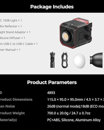 SmallRig RC 100B COB Video Light, 100W Bi-Color 2700K-6500K, Type-C PD Fast Charging, Built-in Battery Plate, with App Control for Photography, Photo Studio, Standard Version (Without Battery) 4893
