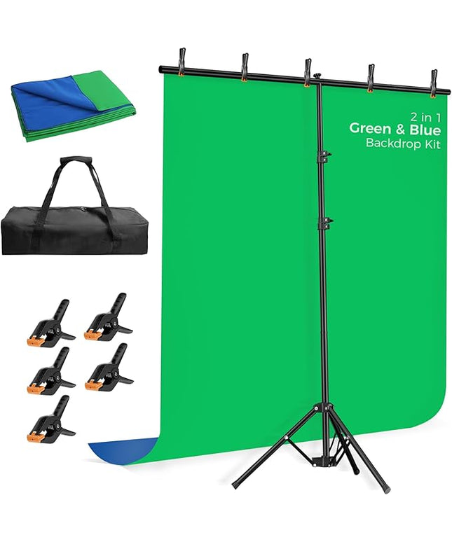 EMART Blue Green Screen Backdrop Kit with Reverse Folding Base, 5x6.5ft Portable T-Shape Backdrop Stand with 2-Sided Reversible Background for Photography, Zoom, Streaming and Studio Video Recording