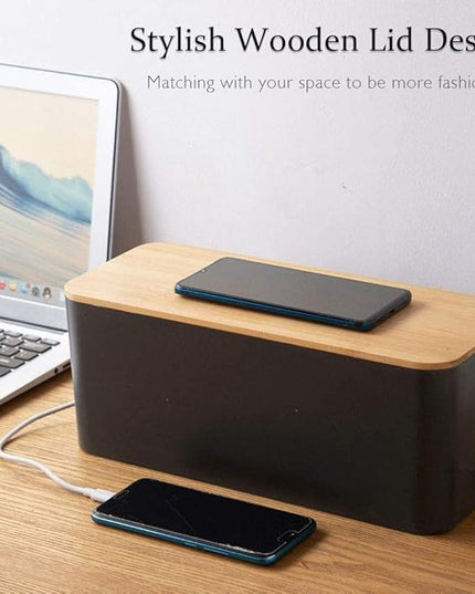 Cable Management Box, 2 Pack Bamboo Lid Large Storage Wires Organizer Holder for Home, Desk, TV, Computer, USB Hub - to Cover Hide Surge Protector Conceal Power Strips & Cords (Black)