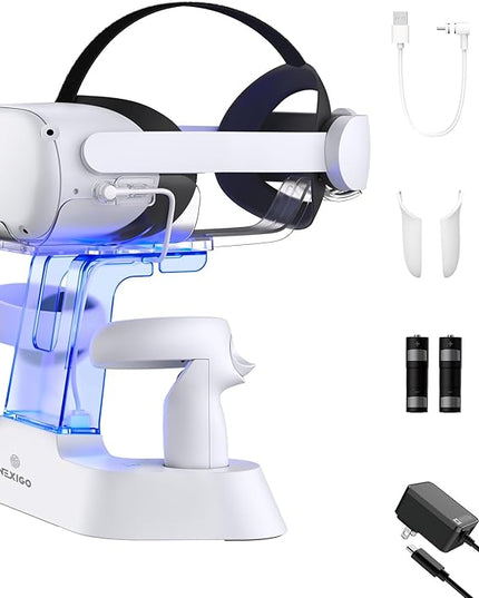 NexiGo Enhanced Charging Dock with LED Light [On/Off] for Oculus Quest 2, [Support Elite Strap with Battery], Headset Display Holder and Controller Mount, 2 Rechargeable Batteries, USB-C Charger