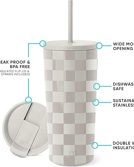 Simple Modern Insulated Tumbler with Lid and Straw | Iced Coffee Cup Reusable Stainless Steel Water Bottle Travel Mug | Gifts for Women Men Her Him | Classic Collection | 20oz | Checkmate