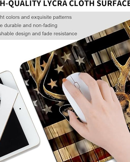 Wood Grain American Flag Hunting Deer Square Mouse pad, Texture, Waterproof, Anti Slip Rubber Base, Computer Mouse pad, Laptop Mouse pad