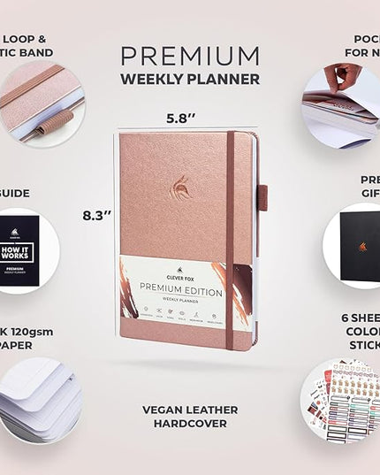 Clever Fox Planner Premium Edition – Undated Luxurious Weekly & Monthly Planner to Increase Productivity and Hit Your Goals – Organizer – Start Anytime, A5, Lasts 1 Year, Rose Gold (Weekly)