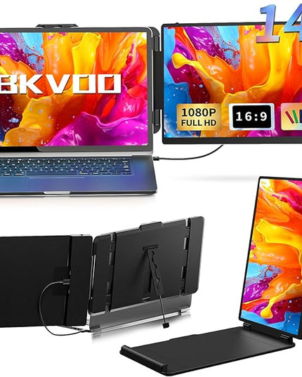 BKVOO Laptop Screen Extender Travel Monitor - 14" Dual Portable Monitor IPS FHD 1080P Travel Work Extra Screen Plug and Paly USB-C HDMI Port Compatible with Wins Mac Chrome Dex Fits 13-17" Laptops