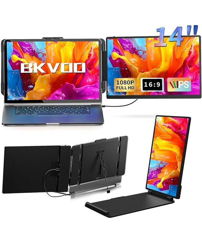 BKVOO Laptop Screen Extender Travel Monitor - 14" Dual Portable Monitor IPS FHD 1080P Travel Work Extra Screen Plug and Paly USB-C HDMI Port Compatible with Wins Mac Chrome Dex Fits 13-17" Laptops