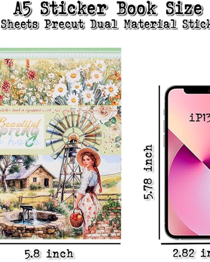 Dwpetzo Spring Cottage Scenery Scrapbook Stickers, 20 Sheets A5 Pre-Cut PET Washi Stickers Book for Journaling, Junk Journal Supplies, Bujo, Collage, Crafts Arts