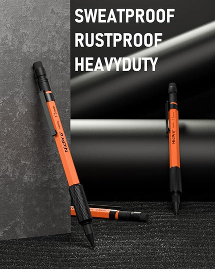 Nicpro 1.3 mm Mechanical Pencils Set with Lead Refill Black & Colors, Eraser - Orange Weatherproof Metal Heavy Duty Carpenter Pencil for Outdoor Marking Drafting Drawing Sketching Woodworking in Case