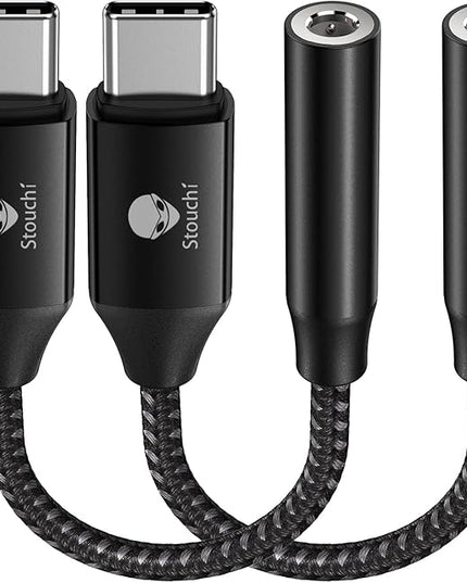 Stouchi USB C to 3.5mm Dongle Adapter, Type C Headphone Audio Jack Cable Cord Hi-Fi DAC Chip for iPhone 17/16 /15, Pixel 9/8 /7/6, iPad, Samsung Galaxy S25 S24 S23 Ultra (2, Black, 0.38ft*2)