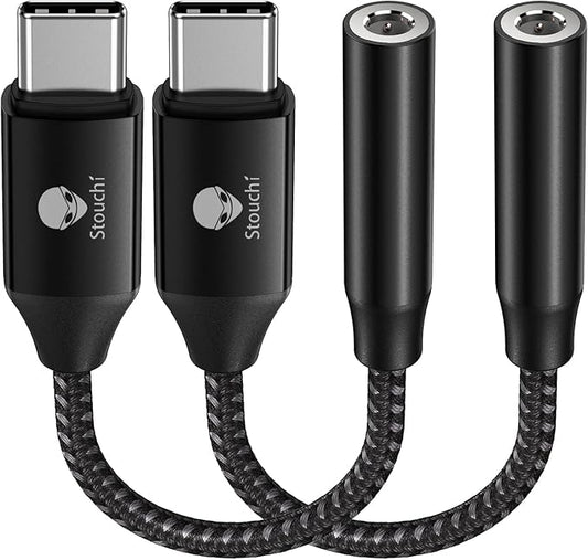 Stouchi USB C to 3.5mm Dongle Adapter, Type C Headphone Audio Jack Cable Cord Hi-Fi DAC Chip for iPhone 17/16 /15, Pixel 9/8 /7/6, iPad, Samsung Galaxy S25 S24 S23 Ultra (2, Black, 0.38ft*2)