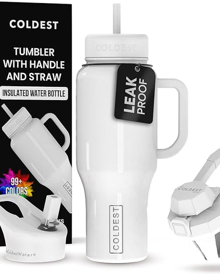 Coldest Tumbler with Handle and Straw - 100% Spill Proof Tumbler with Straw (3 Lids) - Stainless Steel Insulated Leakproof Tumblers for Women & Men - 36 oz (Snow Reflections)