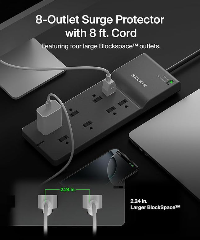 Belkin 8-Outlet Surge Protector w/ 8 AC Outlets & 8ft Long Flat Plug, UL-listed Heavy-Duty Extension Cord for Home, Office, Travel, Computer Desktop, Laptop, Phone Charger - 2,500 Joules of Protection