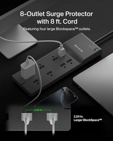 Belkin 8-Outlet Surge Protector w/8 AC Outlets & 8ft Long Flat Plug,UL-Listed Heavy-Duty Extension Cord for Home,Office,Travel,Computer,Laptop,Phone Charger - 2,500 Joules of Protection,(Pack of 10)