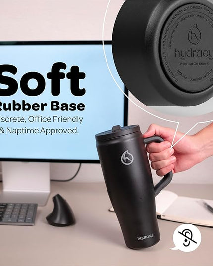 Hydracy 40 oz Tumbler with Handle and Straw, Stainless Steel Insulated Travel Cup with No Spill Rotatable Flip Lid for Left or Right Hand Use, Rubber Base, Fits in Cup Holder - Sexy Black