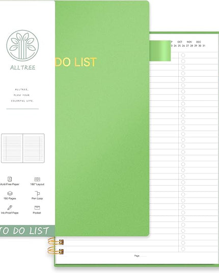 ALLTREE To Do List Notepad Spiral Planner, Daily Task Tracker with Wide lined Notebooks, Work Planner with Pocket, Pen Loop, 160 Pages, Green (5.5"x8.5")