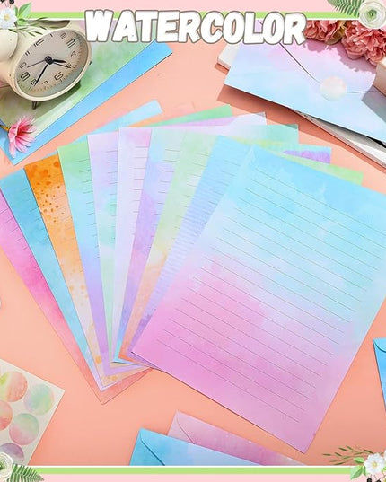 TaoBary 160 Pcs Stationery Paper Set 50 Double Sided Stationery Papers with 50 Matching Envelopes and 60 Round Dot Sticker, 10 Design(Watercolor,8.5 x 11 Inch)