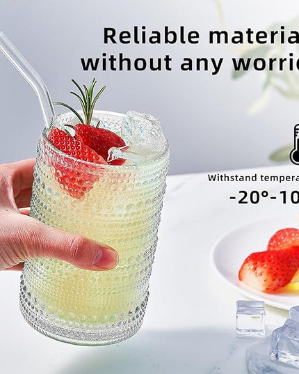 15 oz Clear Hobnail Drinking Glasses with Straws Set of 6, Vintage Glassware Old Fashioned Beverage Glasses, Cocktail Drinking Glassware Set, Kitchen Water Glasses Cup, for Beer, Smoothie, Juice
