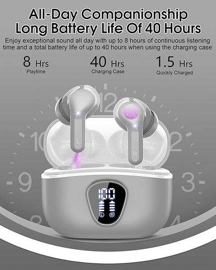 Wireless Earbuds, Bluetooth 5.4 Headphones HiFi Stereo, Bluetooth Earbuds with ENC Noise Cancelling Mic, IP7 Waterproof in Ear Earphones, 48H, LED Display Ear buds for Pad Workout Sports, Grey