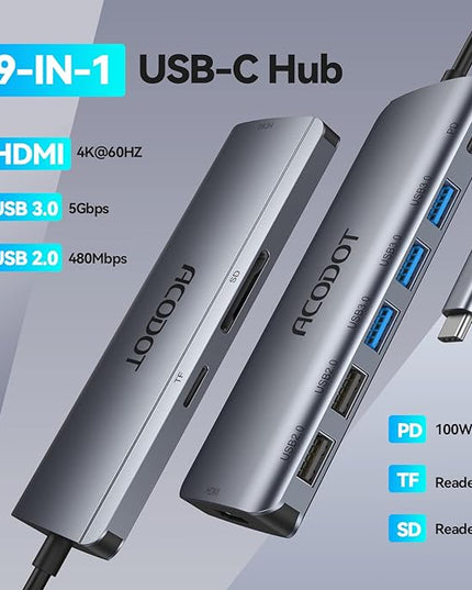USB C Hub, Acodot 9 in 1 USB C to 4K@60HZ HDMI Multiport Adapter, 3 USB 3.0 Ports, SD/TF Card Reader, 100W PD, Desigend for MacBook Pro Air HP XPS and Other Type C Devices