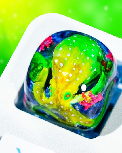 Green Octopus Artisan Keycap DOM Profile Custom Ocean Sea Creatures Keycaps 1U ESC Handmade Gaming Kraken Resin Key Cap Cherry MX Switch Compatible Mechanical Keyboard Octopus Lover Gift