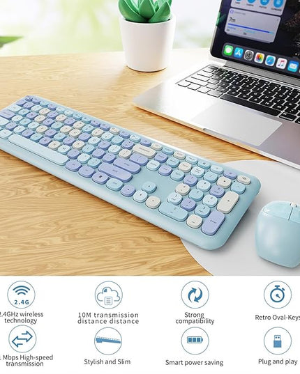 Wireless Keyboard and Mouse Combo, Colorful Ergonomic Full Size Retro Low-Noise Keyboard with Cute keycaps, Compatible with Windows, PC, Perfer for Home and Office Keyboards (Blue)