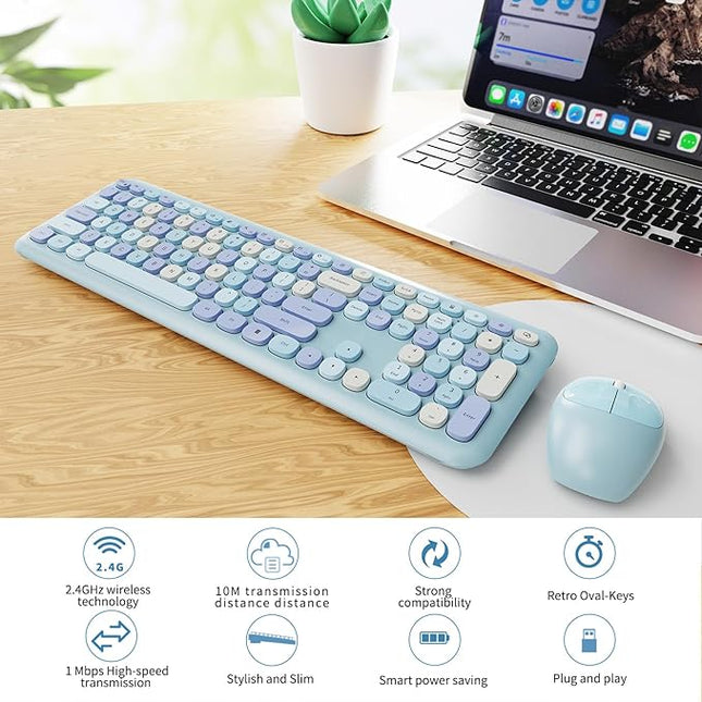 Wireless Keyboard and Mouse Combo, Colorful Ergonomic Full Size Retro Low-Noise Keyboard with Cute keycaps, Compatible with Windows, PC, Perfer for Home and Office Keyboards (Blue)