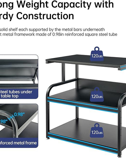 32.3" x 18.9" Extra Large Printer Stand Table with Adjustable Storage Shelf, 3 Tier Rolling Printer Cart with Industrial Wheels for Home Office, Black