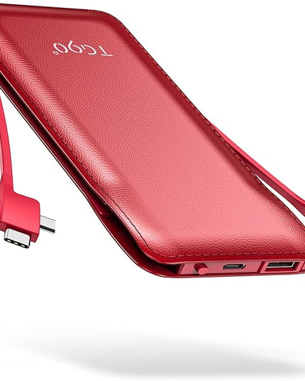 TG90° Portable Charger 10000mah Cell Phone Battery Backup, Ultra Slim Power Bank with Built in Cables(No AC Plug), Portable Phone Charger Battery Packs Compatible with iPhone Android Phones