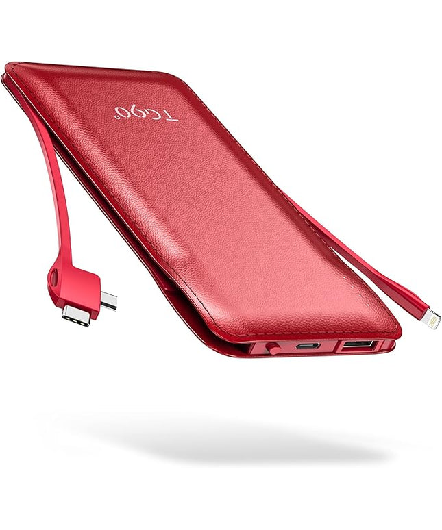 TG90° Portable Charger 10000mah Cell Phone Battery Backup, Ultra Slim Power Bank with Built in Cables(No AC Plug), Portable Phone Charger Battery Packs Compatible with iPhone Android Phones