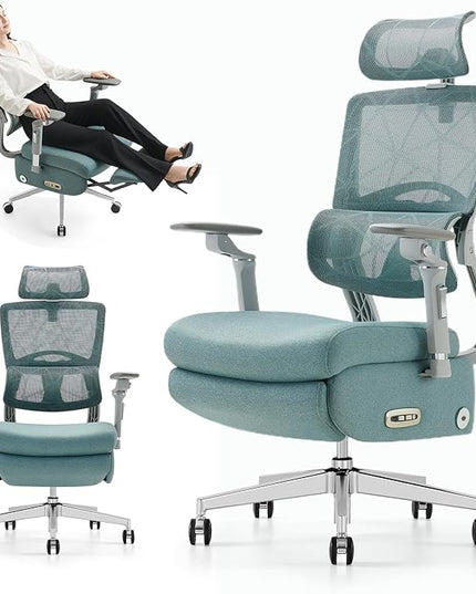 Dual-Motor Home Office Chair with Lumber Support, Reclining Mesh Chair with Footrest, 3D Headrest & 6D Armrests, Reclining Big and Tall 400LBS,Adjustable Back High（Green