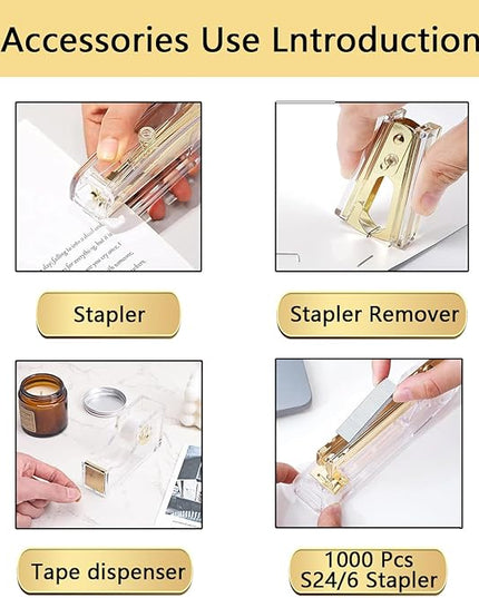 suniya Office Supplies,Desk Accessories,with Stapler,Tape Dispenser,Staple Remover,Scissor,Ballpoint Pen,Clear Tape,Staples,Binder,Best Gift Set(Gold)
