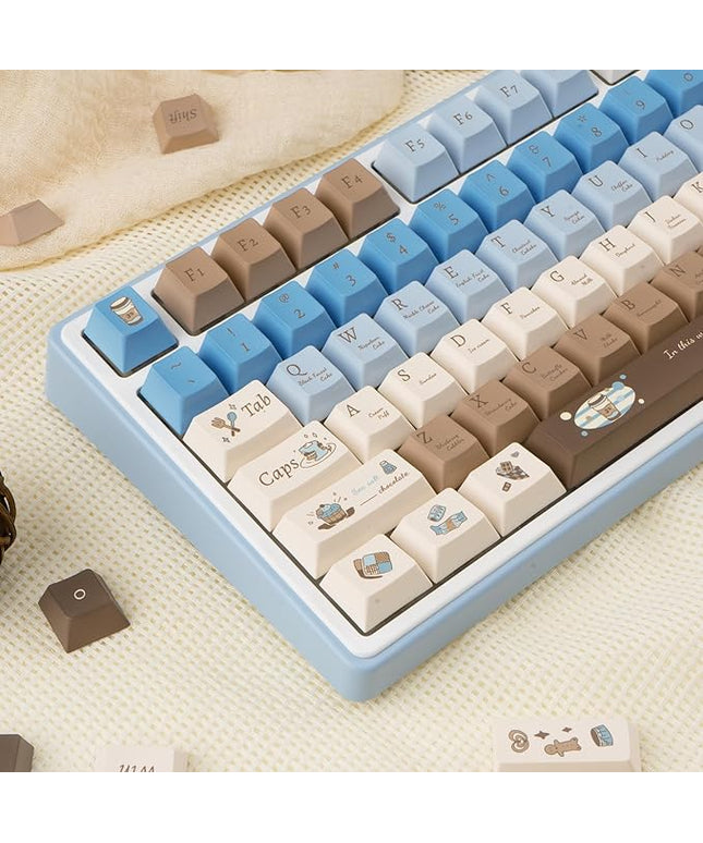 Blue Cherry Profile PBT Keycap Set - 5 Side Dye Sublimation Custom Keycap for Mechanical Gaming Keyboard - Blue & Brown & Creamy Design, 130 Keys