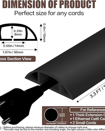 Floor Cord Cover Self Adhesive Cord Hider,3.3FT Cable Management, Extension Strip Protector for Wires, Prevent Cable Trips for Offices, Gyms, Exhibitions Cavity:0.47"(W) x 0.35"(H) Black