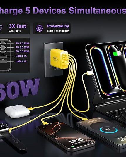 USB C Fast Wall Charger Block, 2Pack 60W USBC Charging Cubes, 5-Port PD+QC Power Adapter Multiport Brick Type C Box Plug for Phone 16/15/14/13/12/11/Pro Max/Plus, Pad Mini/Pro/S25/S24-Yellow